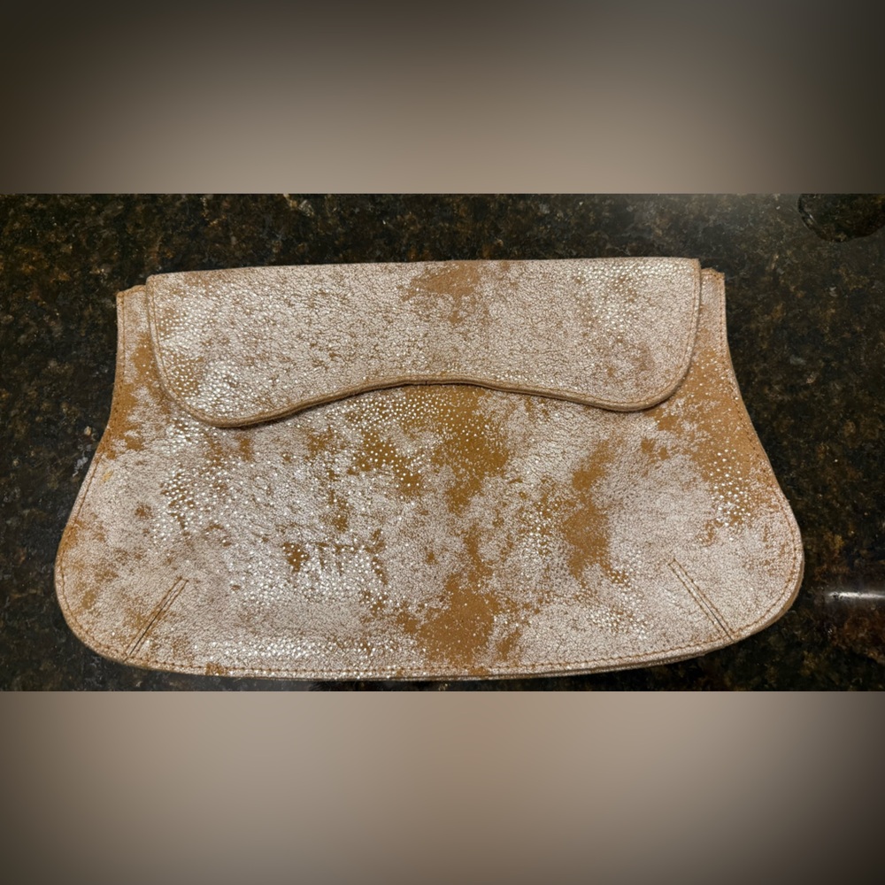 Miss Albright Anthropologie Tan and silver Clutch- new w/o tags